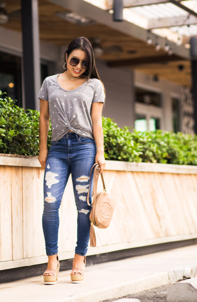abercrombie grey stars knot front tee, abercrombie high rise super skinny jeans | summer outfit | LOFT | Abercrombie | J. Crew Factory | Starstruck: Outfits For The Star Print Obsessed featured by popular Dallas petite fashion blogger Cute & Little