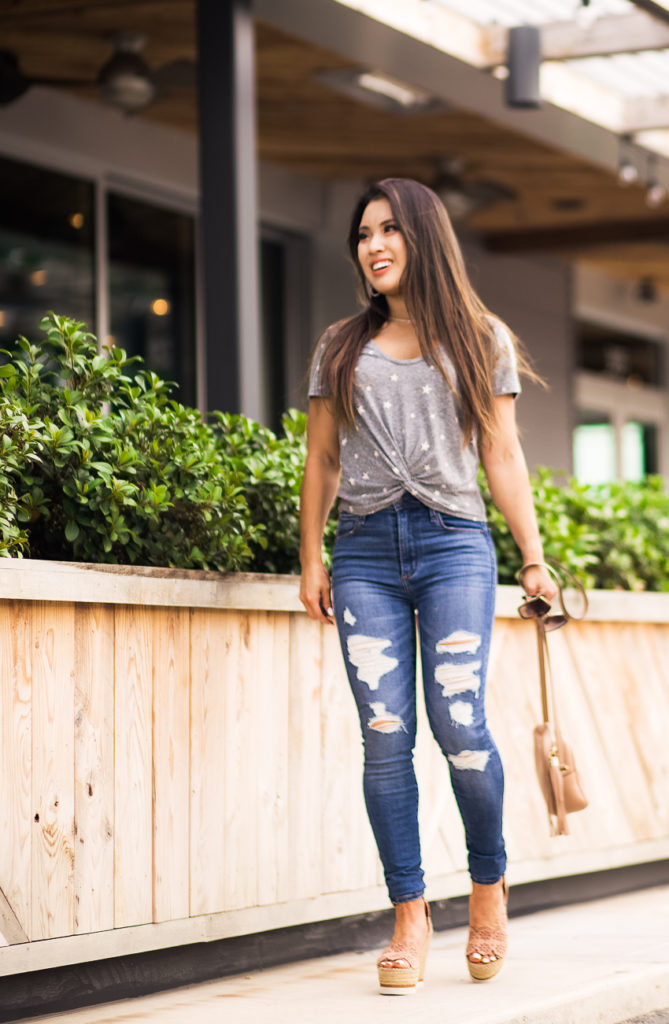 abercrombie grey stars knot front tee, abercrombie high rise super skinny jeans | summer outfit | An End-Of-Summer Classic - Jeans and T-Shirt featured by popular Dallas petite fashion blogger Cute & Little