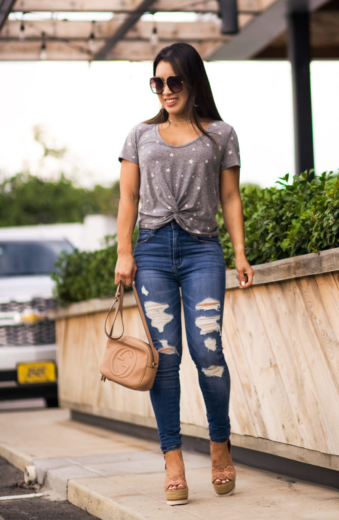 abercrombie grey stars knot front tee, abercrombie high rise super skinny jeans | summer outfit | An End-Of-Summer Classic - Jeans and T-Shirt featured by popular Dallas petite fashion blogger Cute & Little