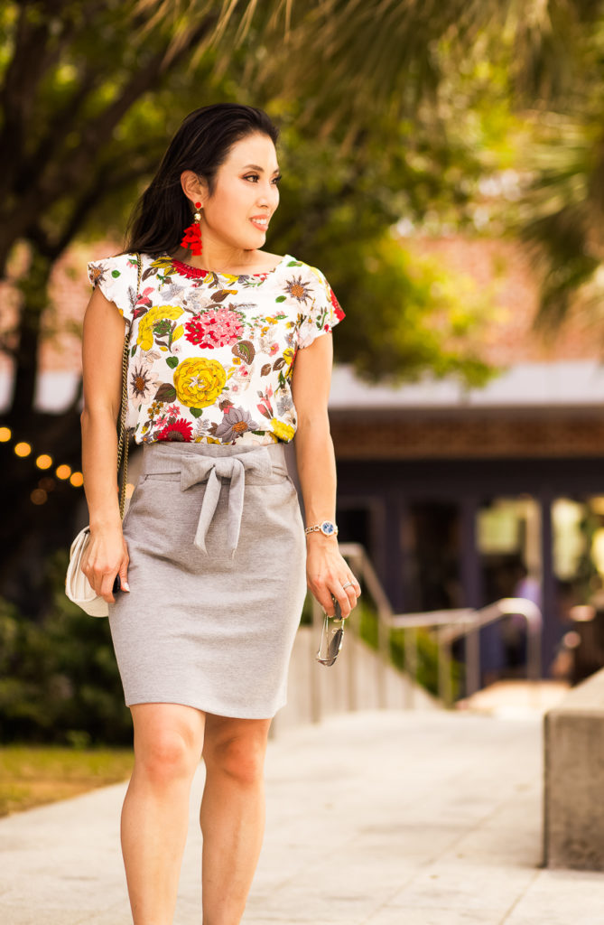 loft tie waist grey bow knot pencil skirt, red suede pumps | summer fall work outfit | what to wear to work business casual | 3 Wear To Work LOFT Outfits featured by popular Dallas LOFT fashion blogger cute & little