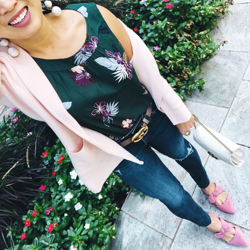 loft tropical floral shell, pink bow mules | summer fall work outfit | Instagram Roundup + Best Labor Day Sales featured by popular Dallas petite fashion blogger Cute & Little