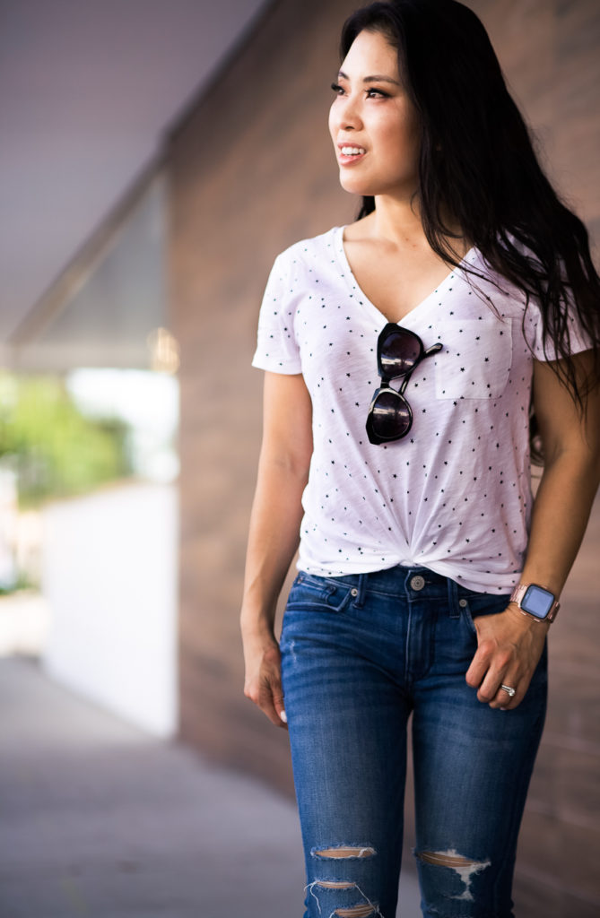 loft stardust vintage pocket tee, express mid-rise distressed crop jean leggings | summer outfit | LOFT | Abercrombie | J. Crew Factory | Starstruck: Outfits For The Star Print Obsessed featured by popular Dallas petite fashion blogger Cute & Little