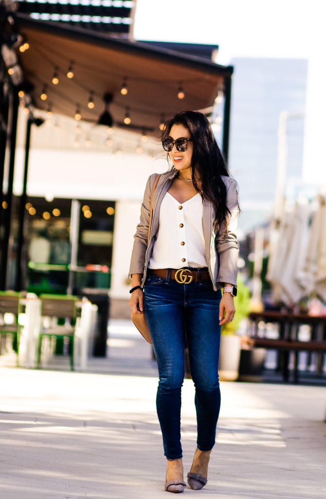 cute & little | dallas petite fashion blog | express minus the leather double peplum leather jacket, topshop button cami, gucci double g belt | how to style leather moto jacket outfit