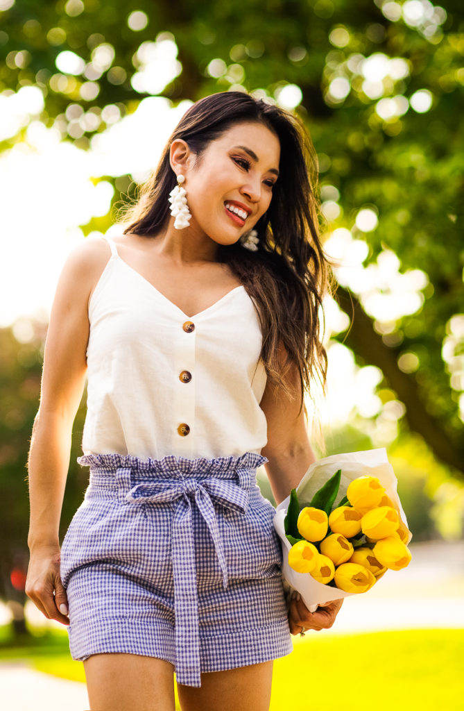 topshop button down cami, gimgham paperbag shorts | summer casual outfit | Instagram Roundup + Best Labor Day Sales featured by popular Dallas petite fashion blogger Cute & Little
