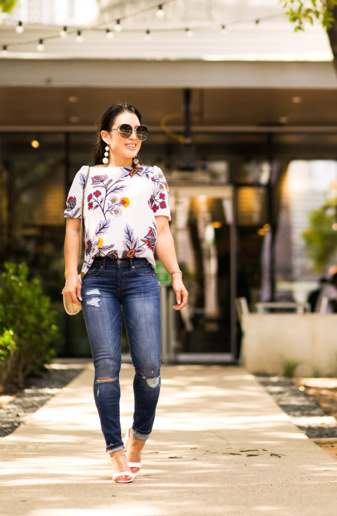 what to wear to work business casual outfit | loft island party blouse, loft modern destructed jeans | what to wear to work business casual | 3 Wear To Work LOFT Outfits featured by popular Dallas LOFT fashion blogger cute & little