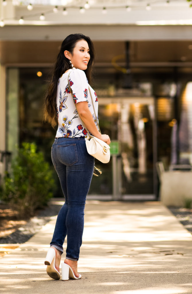 what to wear to work business casual outfit | loft island party blouse, loft modern destructed jeans | what to wear to work business casual | 3 Wear To Work LOFT Outfits featured by popular Dallas LOFT fashion blogger cute & little