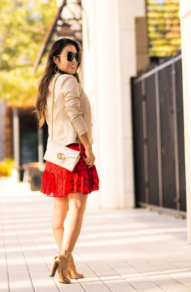 cute & little | petite fashion blog | how to style leather moto jacket outfit | express minus the leather double peplum jacket, express floral ruffle hem mini dress, gucci gg0106s sunglasses