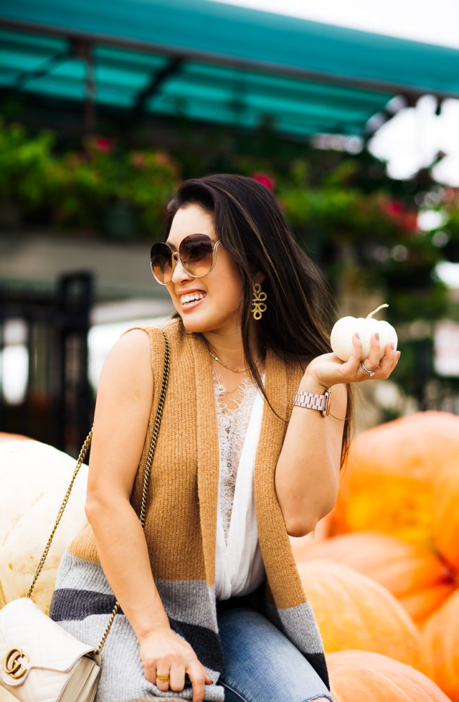 All The Fall Feels: Layering With A LOFT Sweater Vest featured by Dallas petite fashion blogger Cute & Little | loft coloblock pocket sweater vest, lace top, chloe milla sunglasses | fall output