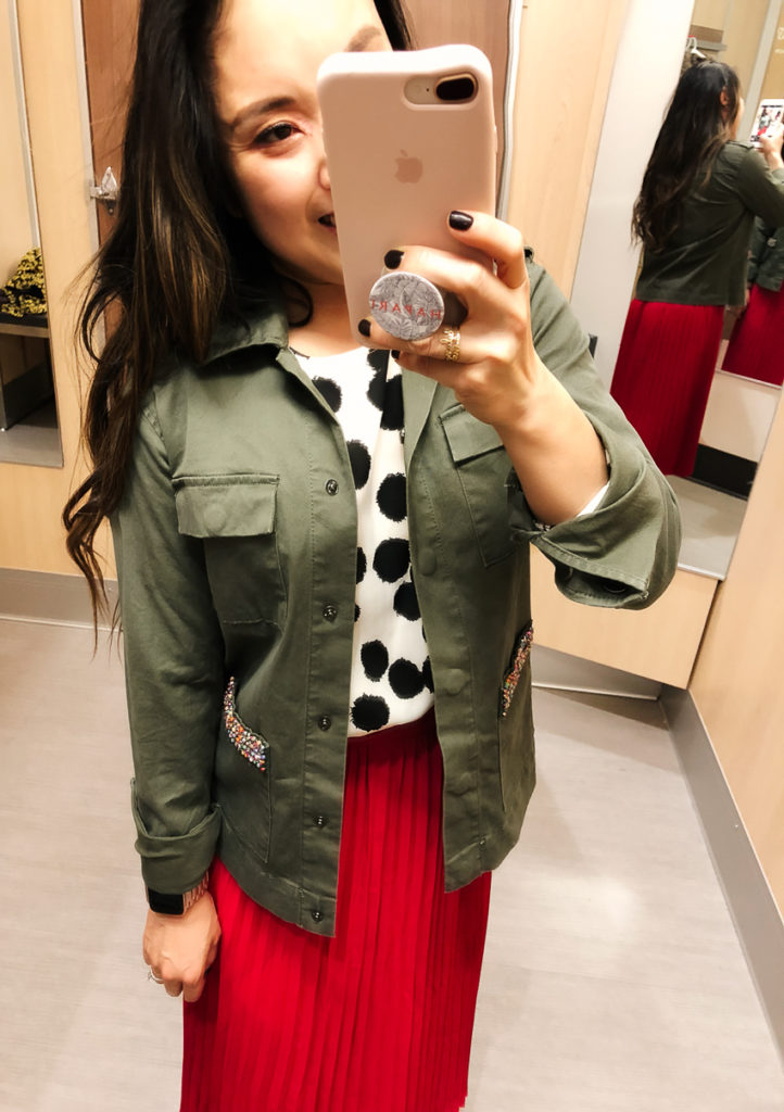 target who what wear polka dot drapey tie blouse, target a new day red pleated midi skirt, a new day military jacket pocket beading | Target Fall Collection Try-On featured by to Dallas petite fashion blog Cute & Little