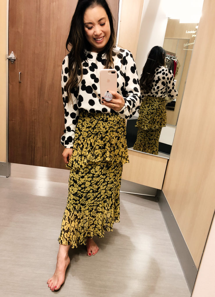 target who what wear polka dot drapey tie blouse, target who what wear floral print tiered ruffle skirt | Target Fall Collection Try-On featured by to Dallas petite fashion blog Cute & Little