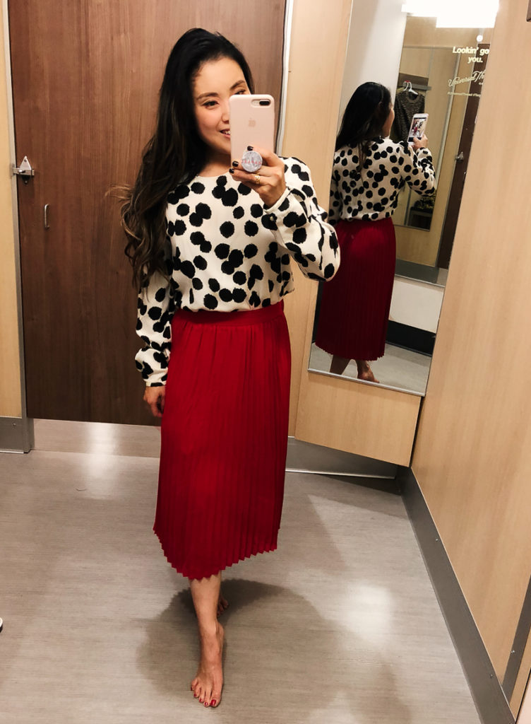 target who what wear polka dot drapey tie blouse, target a new day vital voices red pleated midi skirt | Target Fall Collection Try-On featured by to Dallas petite fashion blog Cute & Little