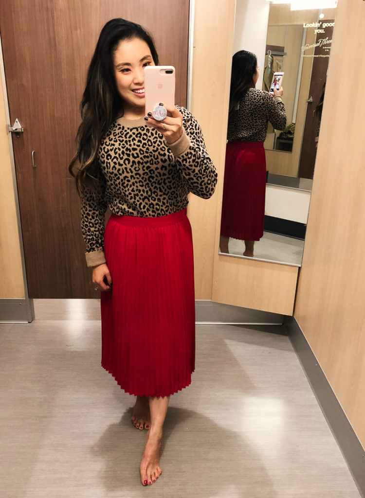 target a new day leopard sweater, target a new day vital voices red pleated midi skirt | Target Fall Collection Try-On featured by to Dallas petite fashion blog Cute & Little