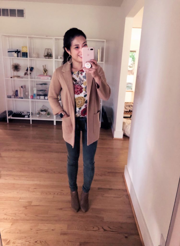  j.crew sophie open front sweater blazer, floral top, olive pants, cognac ankle booties | how to style a coatigan | fall outfit | Your New Favorite Third Piece: The Coatigan featured by top Dallas petite fashion blog Cute & Little