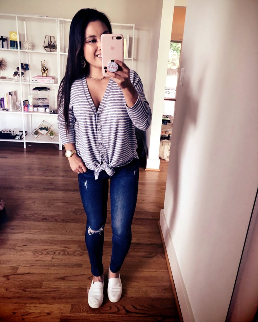 abercrombie tie-front button up to | ag petite legging jeans | vince blair white sneakers | fall outfit mirror selfie | Outfit Quickie: Front-Tie Striped Top + AG Ankle Jeans (On Sale!!) featured by top Dallas petite fashion blog Cute & Little