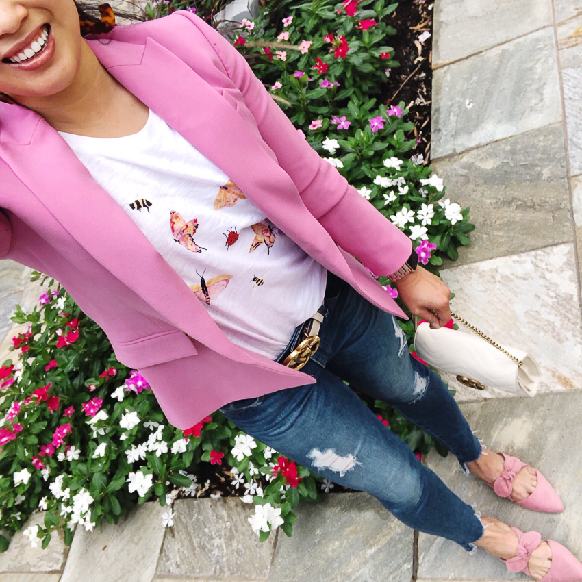  j.crew pink blazer, loft butterfly tee, loft pink bow mules | summer fall work outfit | LOFT | Ann Taylor | Nordstrom | Fashion | September 2018 Top Sellers featured by top Dallas petite fashion blog Cute & Little