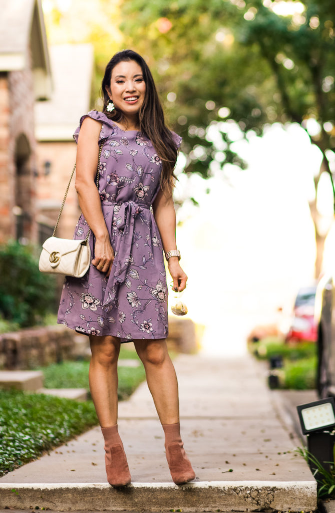 cute & little | dallas petite fashion blog | loft lilac garden flutter dress, steve madden reece sock booties | fall outfit | Styling This Season's Must-Have Puffer Vest featured by top Dallas petite fashion blog Cute & Little