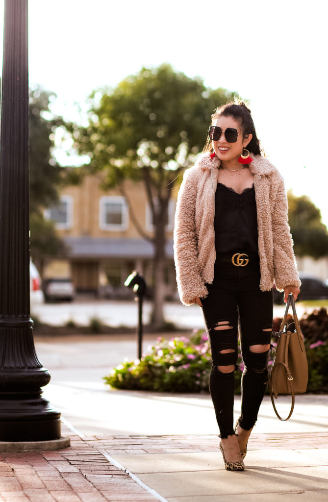 endless rose faux fur teddy bear jacket | abercrombie black lace cami | abercrombie black distressed jeans | leopard pumps | fall winter outfit | This Season's Must-Have:  The Teddy Coat featured by top Dallas petite fashion blog Cute & Little 