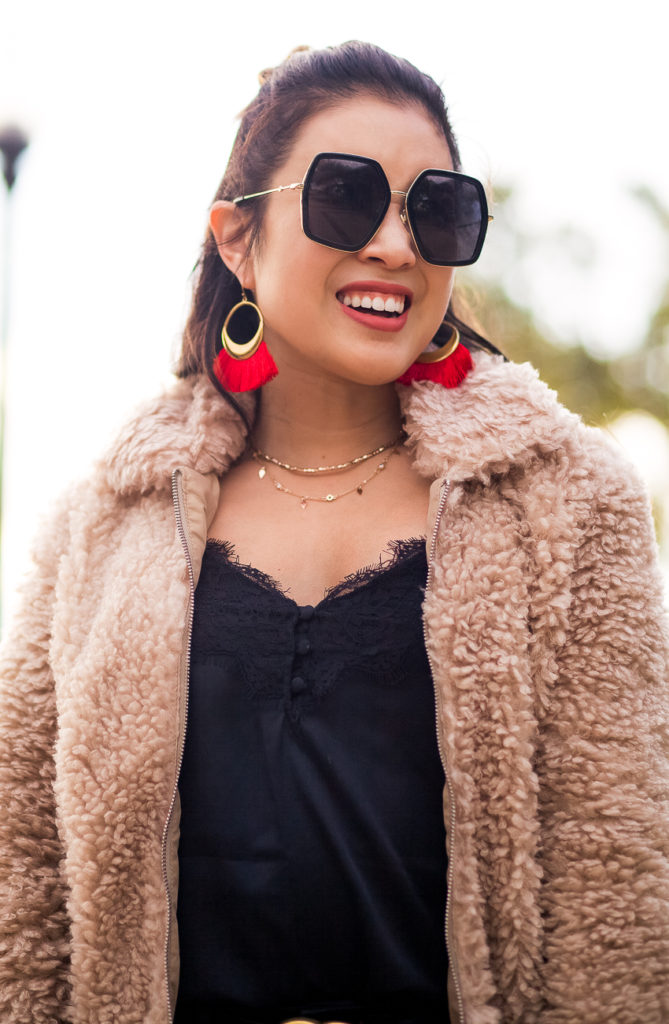 endless rose faux fur teddy bear jacket | abercrombie black lace cami | abercrombie black distressed jeans | leopard pumps | fall winter outfit | This Season's Must-Have:  The Teddy Coat featured by top Dallas petite fashion blog Cute & Little 