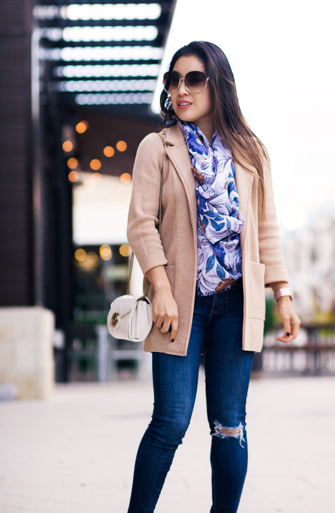  j.crew sophie open front sweater blazer, loft wild daisy scarf, ag farrah jeans, gucci mini marmont white, chloe sunglasses | how to style a coatigan | fall outfit | Your New Favorite Third Piece: The Coatigan featured by top Dallas petite fashion blog Cute & Little
