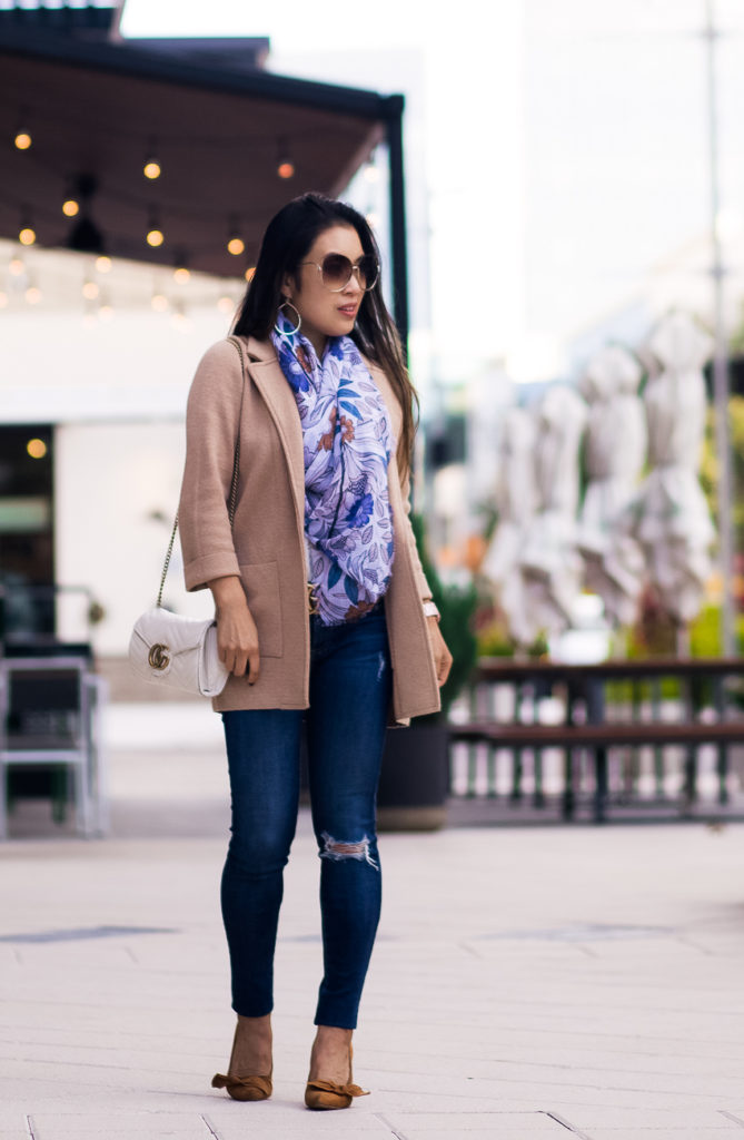 j.crew sophie open front sweater blazer, loft wild daisy scarf, ag farrah jeans, gucci mini marmont white, chloe sunglasses | how to style a coatigan | fall outfit | Your New Favorite Third Piece: The Coatigan featured by top Dallas petite fashion blog Cute & Little