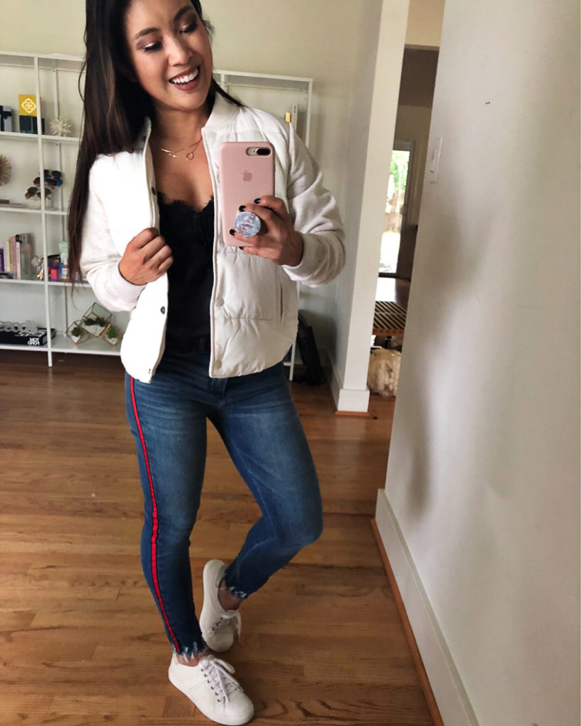 white puffer jacket, black lace cami, red stripe high rise jeans, trask white sneakers | Abercrombie | ALO Yoga | Ann Taylor | Banana Republic | Baublebar | DSW | Express | Gap | Gymboree | H&M | J.Crew | J.Crew Factory | Kate Spade | LOFT | Madewell | Nordstrom | Old Navy | Outdoor Voices | Shopbop | Target | Victoria's Secret | Best of The Cyber Monday Shopping Deals featured by top Dallas life and style blog Cute & Little