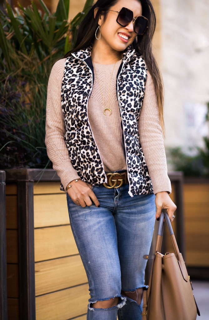 loft pointelle yoke sweater | loft leopard print puffer vest | blanknyc jeans | loft 40% off sale | fall outfit | Styling This Season's Must-Have Puffer Vest featured by top Dallas petite fashion blog Cute & Little