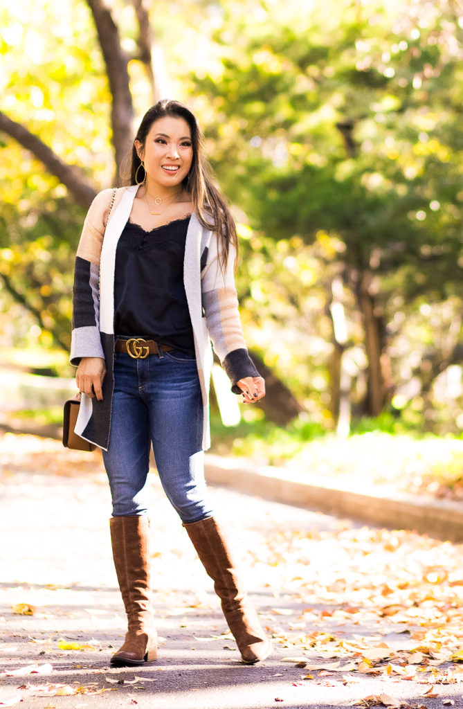 colorblock cardigan | born felicia tall boots | boots small calves | fall outfit | Zappos | The Best Tall Boots for Small Calves You Should Own featured by top Dallas petite fashion blog Cute & Little