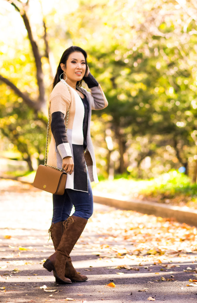 colorblock cardigan | born felicia tall boots | boots small calves | fall outfit | Zappos | The Best Tall Boots for Small Calves You Should Own featured by top Dallas petite fashion blog Cute & Little