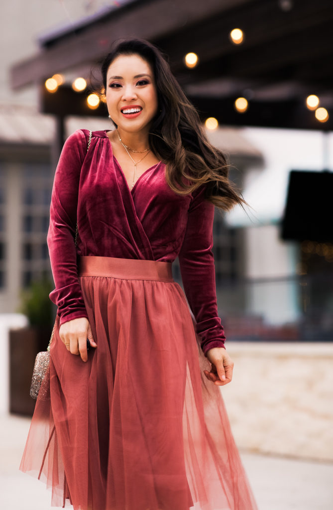 express velvet surplice bodysuit, express high-waisted tulle midi skirt , gold strappy sandals | Express | Fashion | Christmas | 2 Festive Holiday Party Outfits featured by top Dallas petite fashion blog Cute & Little 