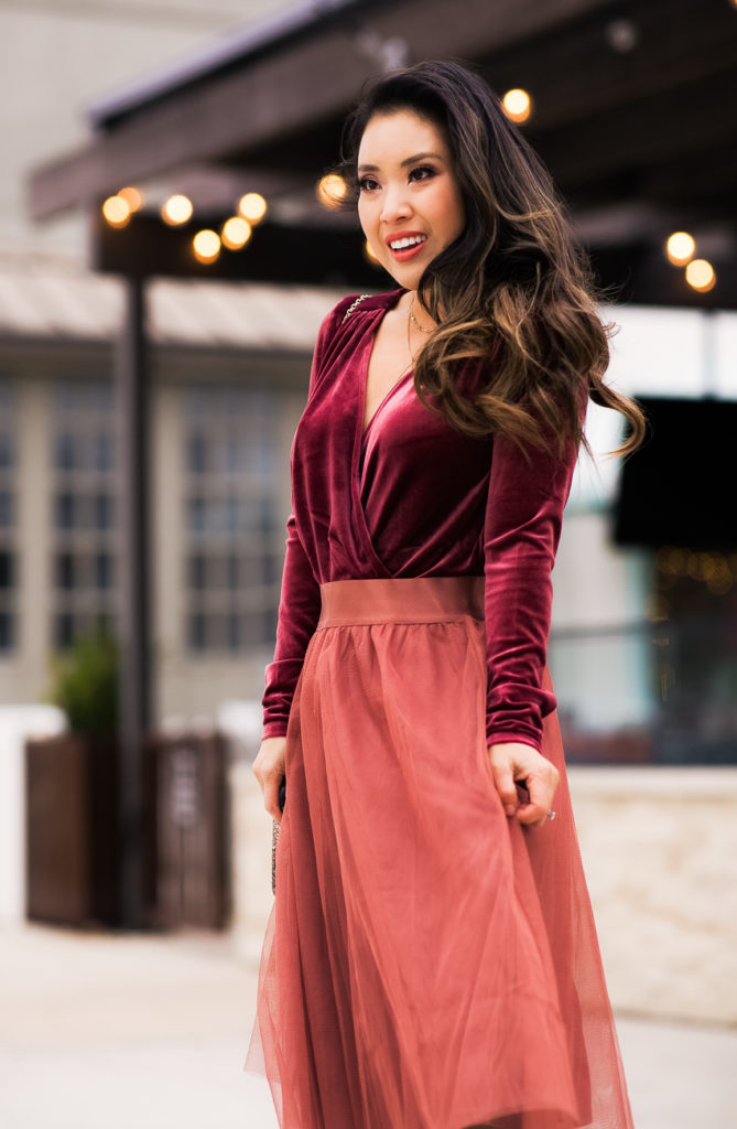 express velvet surplice bodysuit, express high-waisted tulle midi skirt , gold strappy sandals | Express | Fashion | Christmas | 2 Festive Holiday Party Outfits featured by top Dallas petite fashion blog Cute & Little 