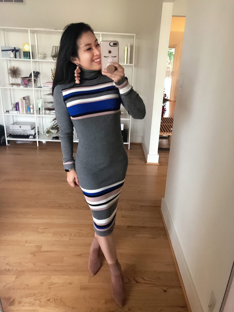 Express | Steve Madden | Baublebar | fall winter outfit | Outfit Quickie: Classy Striped Sweater Dress For The Office featured by top Dallas petite fashion blog Cute & Little