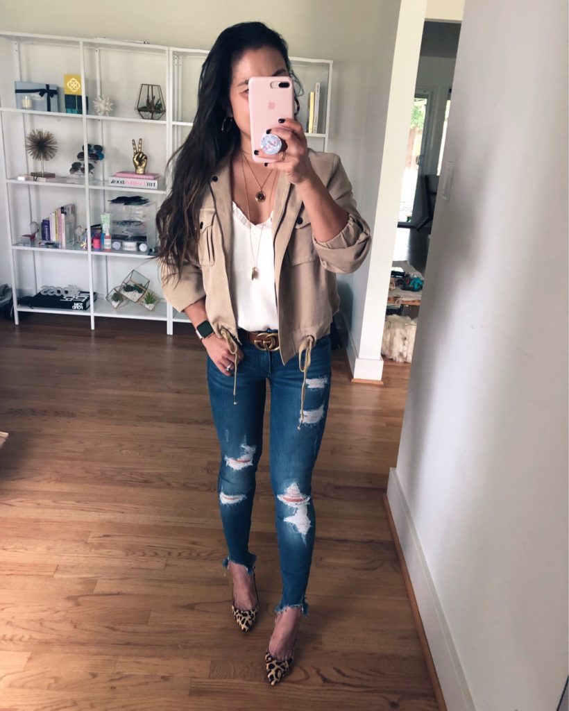 cute & little | dallas petite fashion blogger | bp draped utility jacket, express ruffle cami, express high waisted ripped denim jeans, ivanka trump leopard pumps, minkoff layered necklace | fall casual outfit