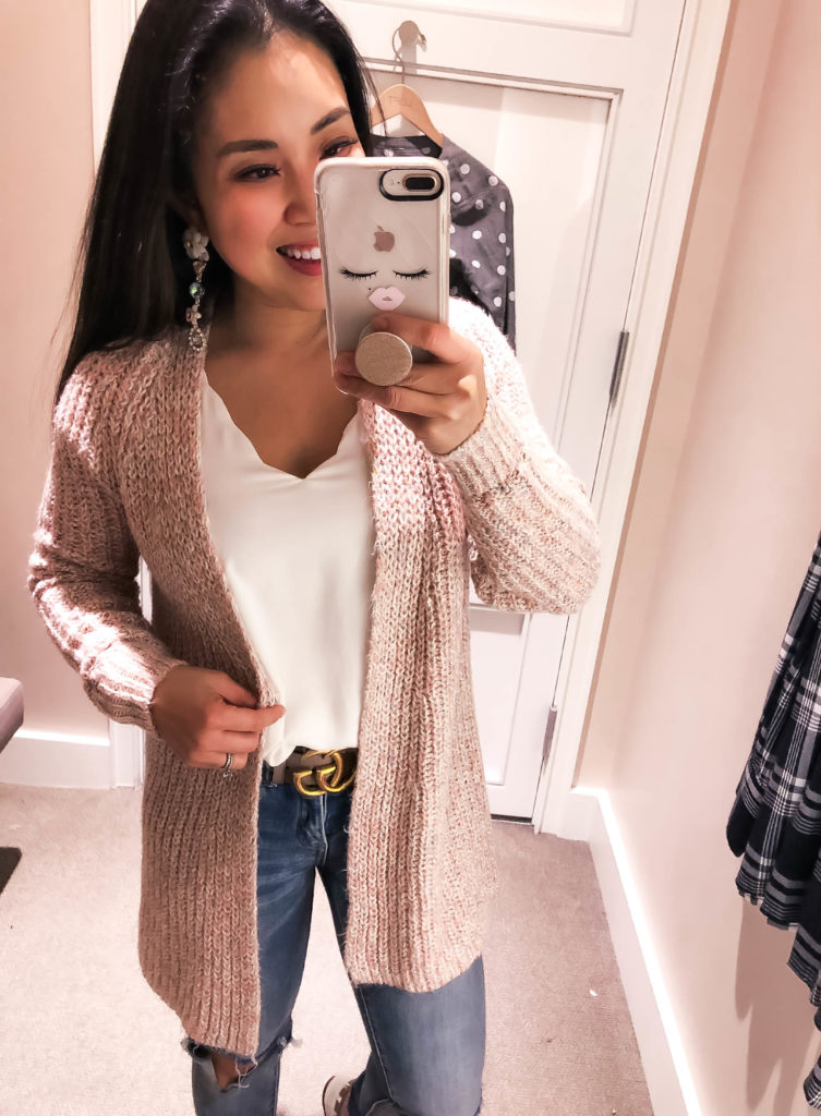 cute & little | dallas petite fashion blog | loft december winter try-on | loft ribbed open cardigan, loft scalloped strappy cami | LOFT Fashion December Try-On featured by top Dallas petite fashion blog, Cute & Little: image of a woman wearing a LOFT ribbed cardigan and scalopped cami