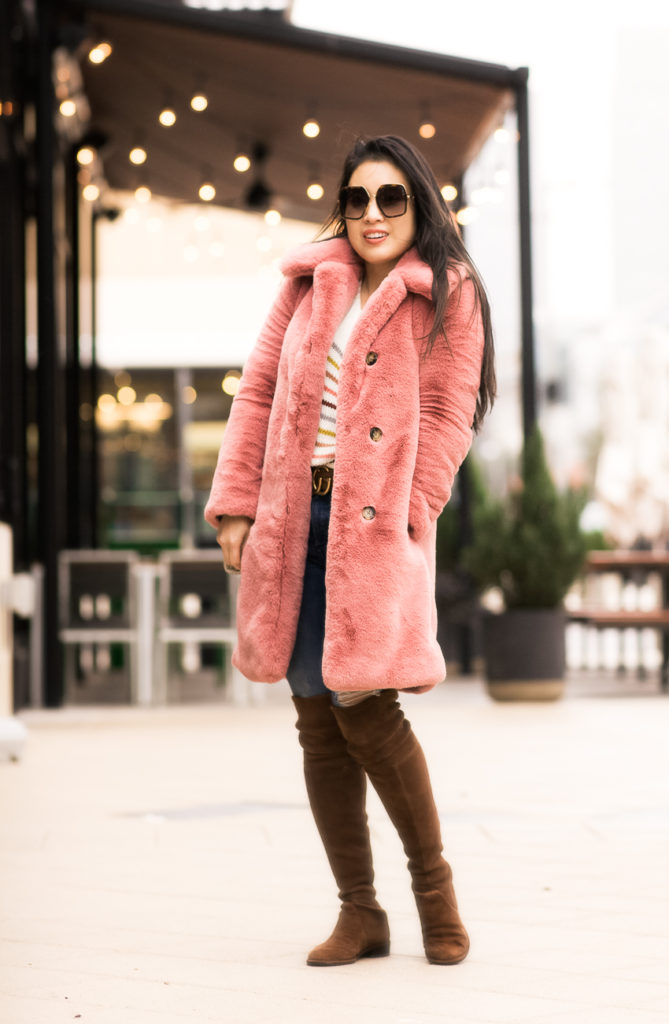 j.crew pink faux fur coat, red dress boutique grey stripe sweater, ag distressed jeans, stuart weitzman walnut lowland over the knee boots, gucci double g belt, baublebar primina flower earrings | winter outfit | Stylish In The Cold: Pink Faux Fur Coat featured by top Dallas petite fashion blog Cute & Little 
