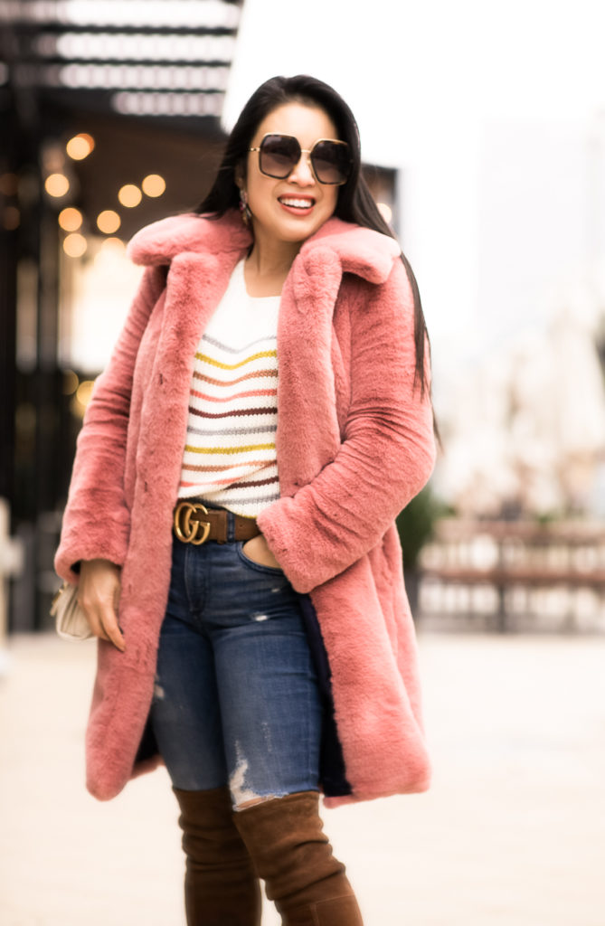 j.crew pink faux fur coat, red dress boutique grey stripe sweater, ag distressed jeans, stuart weitzman walnut lowland over the knee boots, gucci double g belt, baublebar primina flower earrings | winter outfit Stylish In The Cold: Pink Faux Fur Coat featured by top Dallas petite fashion blog Cute & Little 