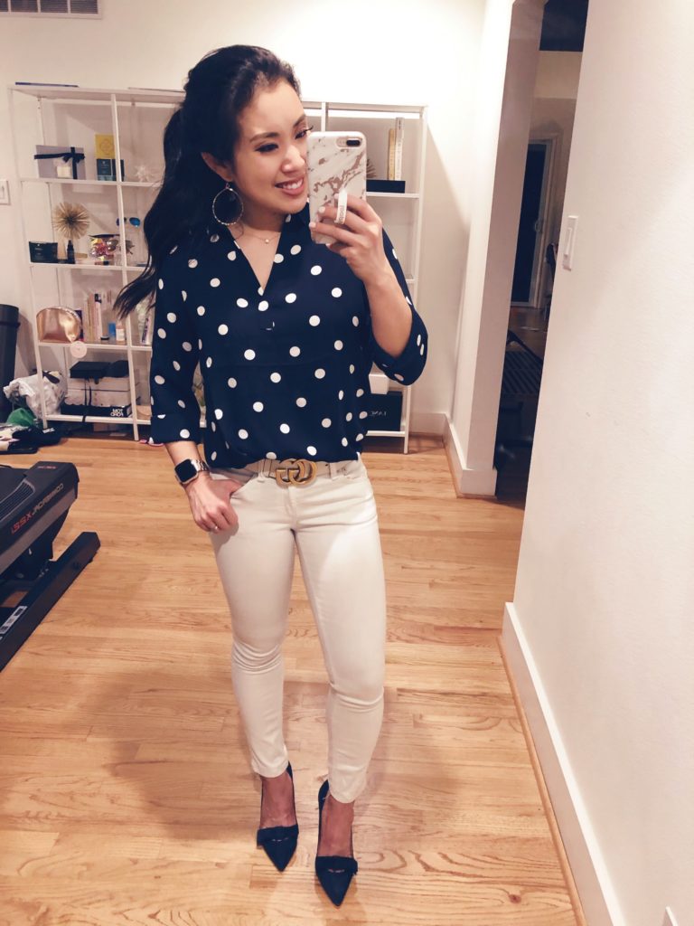 LOFT New Arrivals featured by top US petite fashion blog Cute & Little; Image of a woman wearing LOFT Dotted Collar Split Neck Blouse, Rag & Bone White Skinny Jeans, Gucci Double G Belt, Ann Taylor 'Odette' Pumps, Hammered Gold Tear Drops Earrings.