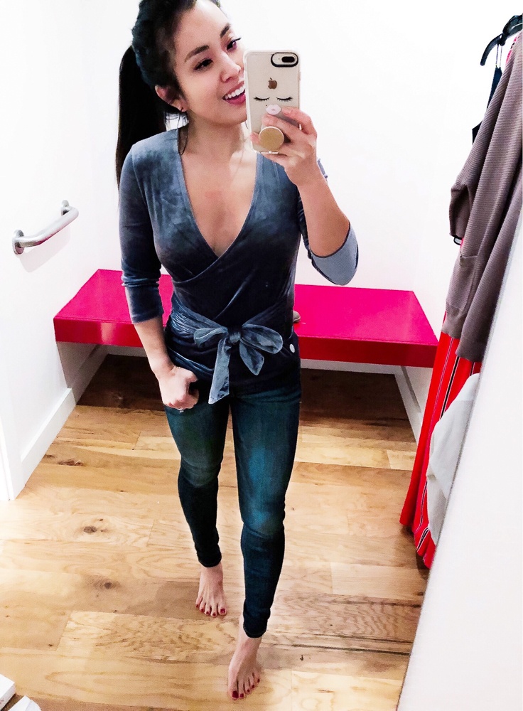 cute & little | dallas petite fashion blog | express velvet wrap front tee | casual winter outfit try-on - Express Winter Sale Try-On featured by top Dallas fashion blog, Cute & Little