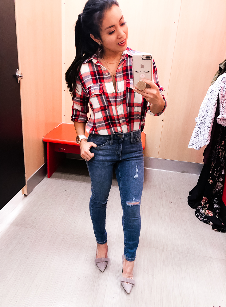 Shopping at Target featured by top US fashion blog Cute & Little; Image of a woman wearing Target Universal Thread Red Plaid Shirt, Target High Rise Crop Skinny Jeans, Ann Taylor 'Odette' Bow Pumps, Sugarfix for Baublebar Lariat Bow necklace, Garmin 'vivomove' HR watch.