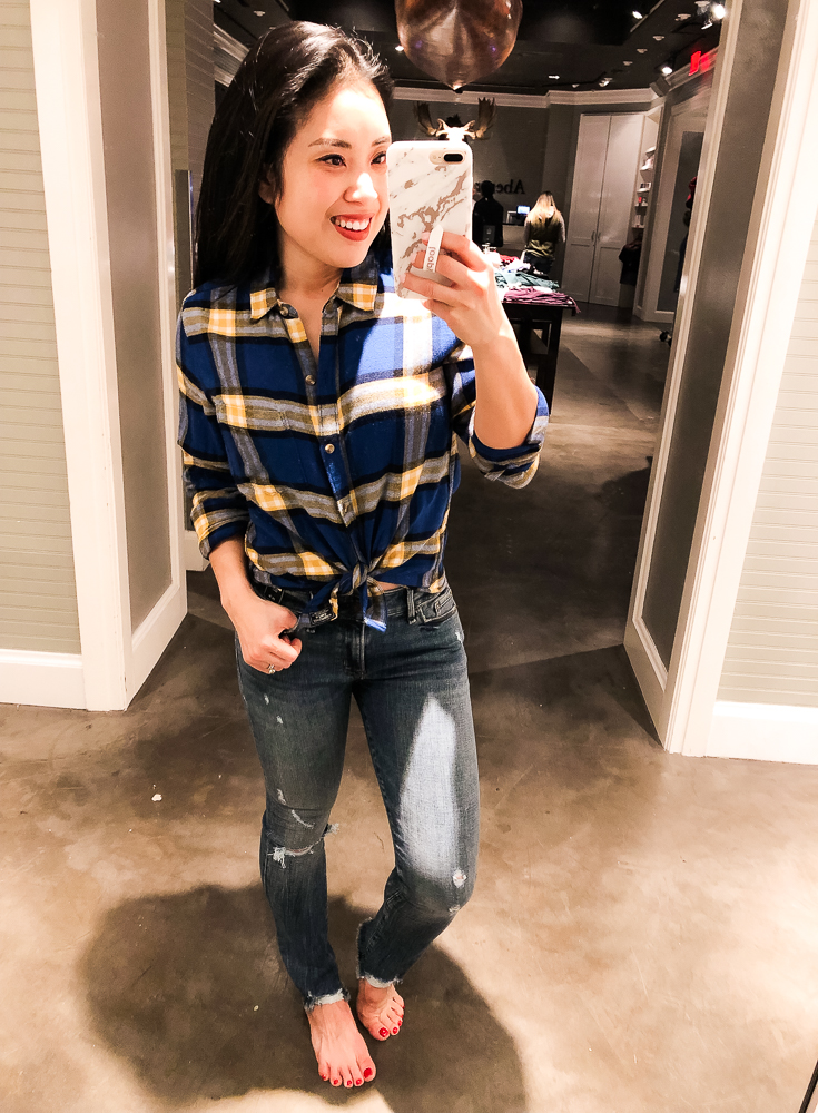 Abercrombie Try-On featured by top US fashion blog Cute & Little; Image of a woman wearing Abercrombie Flannel Shirt and Abercrombie Low-Rise Ankle Jeans.