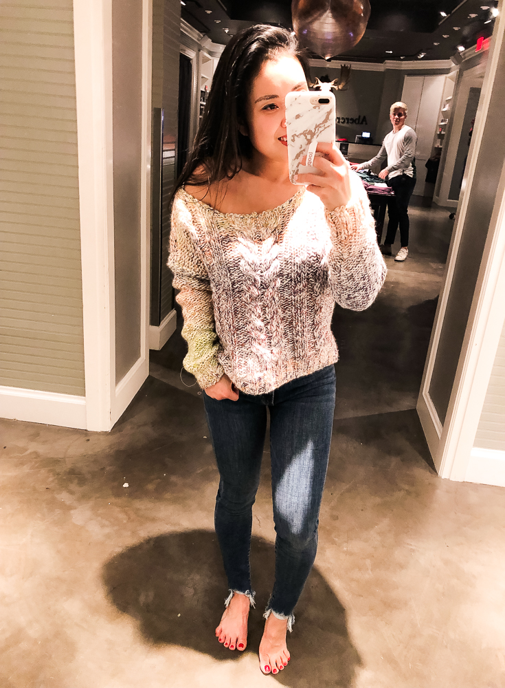 Abercrombie Try-On featured by top US fashion blog Cute & Little; Image of a woman wearing Abercrombie Ombre Boat Neck Sweater and Abercrombie High-Rise Ankle Jeans.