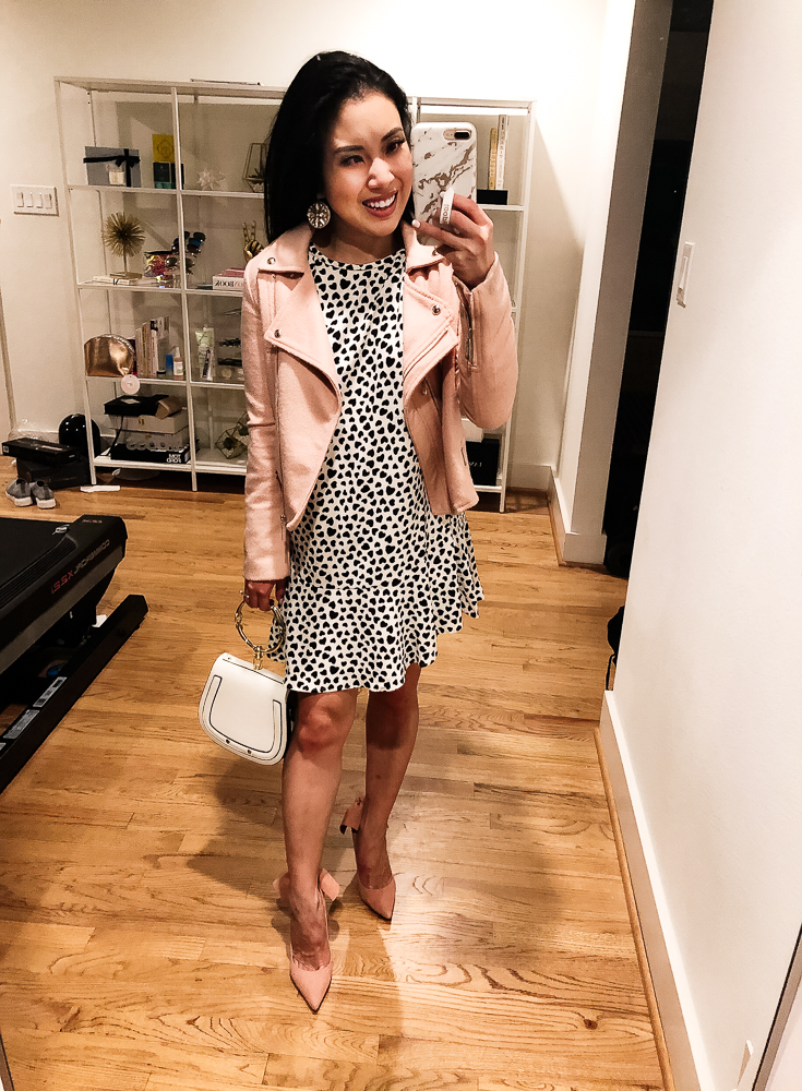 LOFT Try-On featured by top US fashion blog Cute & Little; Image of woman wearing LOFT Heart Flounce Dress, Schutz 'Blasiana' Pumps, Baublebar 'Safiya' earrings, Amazon Chloe 'Nile' Bracelet Bag and Too Faced Melted Matte Lipstick in Queen B.