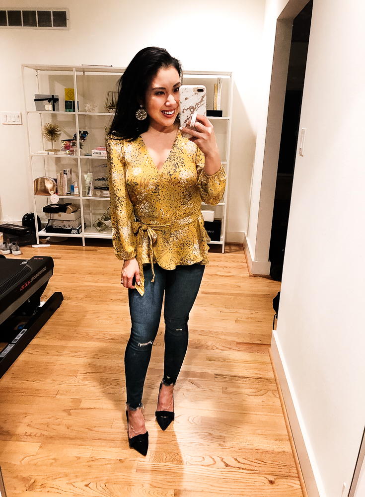 LOFT Try-On featured by top US fashion blog Cute & Little; Image of woman wearing LOFT Floral Wrap Top, Abercrombie High Rise Ankle Jeans, Ann Taylor 'Odette' Pumps, Baublebar 'Safiya' earrings and Too Faced Melted Matte Lipstick in Queen B.