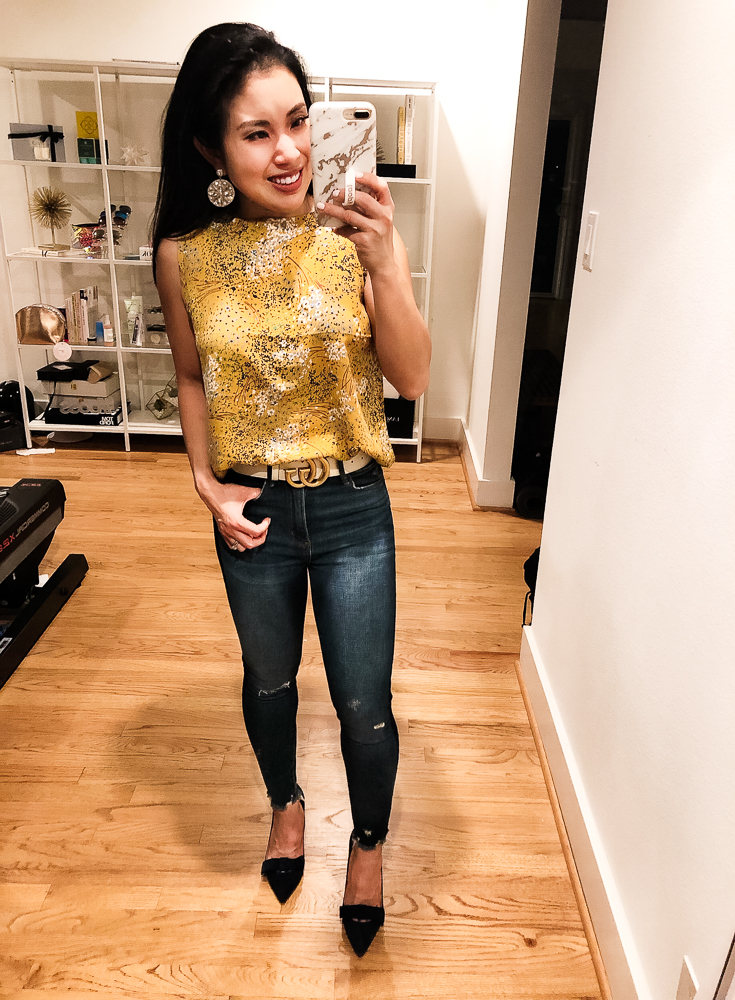 LOFT Try-On featured by top US fashion blog Cute & Little; Image of woman wearing, LOFT Floral Piped Mixed Media Shell, Abercrombie High Rise Ankle Jeans, Gucci Double G belt, Ann Taylor 'Odette' Pumps, Baublebar 'Safiya' earrings and Too Faced Melted Matte Lipstick in Queen B.