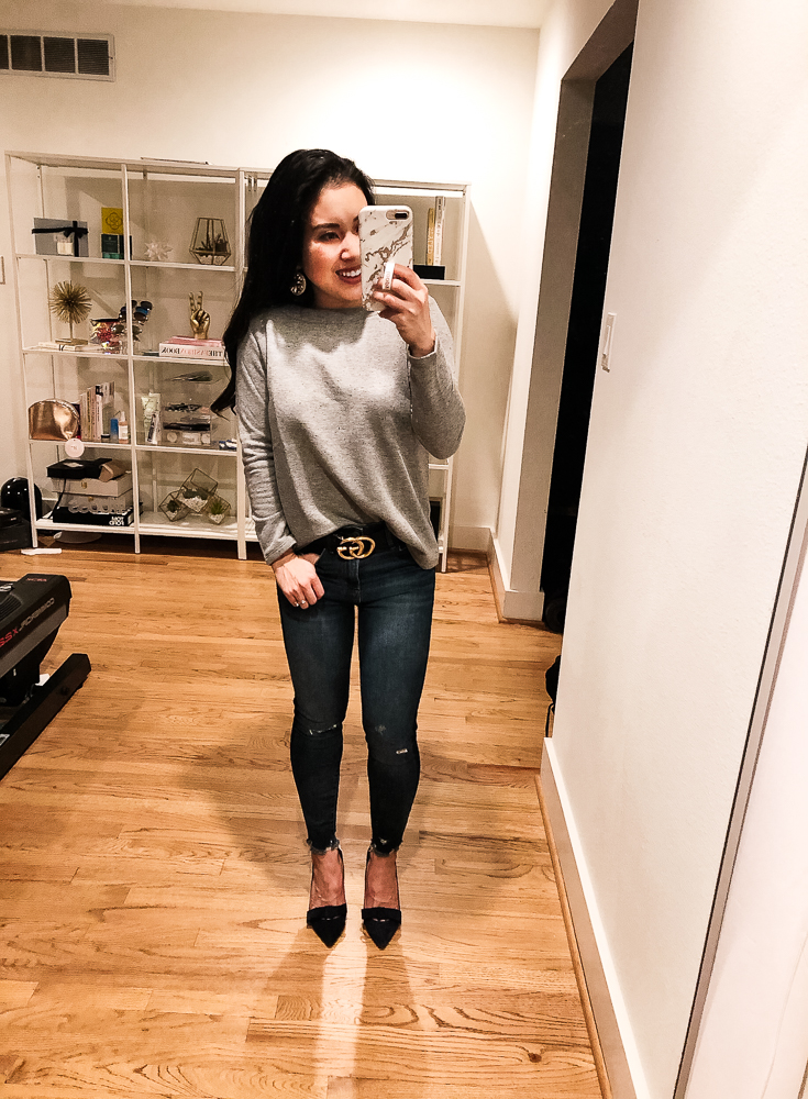 LOFT Try-On featured by top US fashion blog Cute & Little; Image of woman wearing, LOFT Flecked Crossover Back Sweatshirt, Abercrombie High Rise Ankle Jeans, Gucci Double G belt, Ann Taylor 'Odette' Pumps, Baublebar 'Safiya' earrings and Too Faced Melted Matte Lipstick in Queen B.