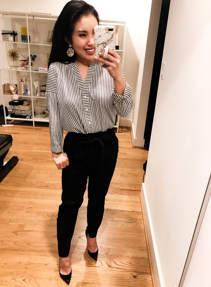LOFT Try-On featured by top US fashion blog Cute & Little; Image of woman wearing LOFT Mixed Stripe Split Neck Shirt, Express Ankle Sash Waist Pants, Louboutin 'Pigalle Follies' shoes, Baublebar 'Safiya' earrings and Too Faced Melted Matte Lipstick in Queen B.