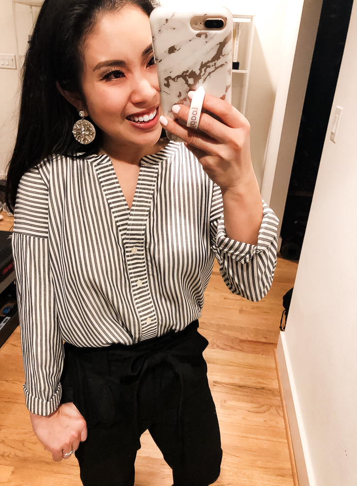 LOFT Try-On featured by top US fashion blog Cute & Little; Image of woman wearing LOFT Mixed Stripe Split Neck Shirt, Express Ankle Sash Waist Pants, Louboutin 'Pigalle Follies' shoes, Baublebar 'Safiya' earrings and Too Faced Melted Matte Lipstick in Queen B.
