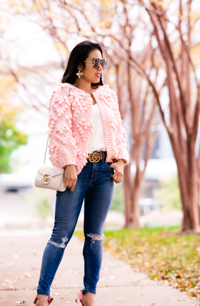 Life Lessons Learned featured by top US life and style blog Cute & Little; Image of a woman wearing Chicwish Heart Pom Pom cardigan, J.Crew Factory Scallop Cami, Gucci Double G belt, Rag & Bone High Rise Ankle Skinny Jeans, Baublebar Azalea Flower stud earrings, Schutz 'Blasiana' Pumps and Gucci sunglasses.