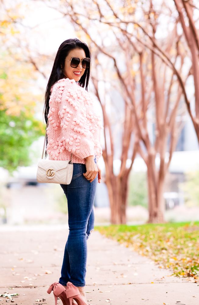 Life Lessons Learned featured by top US life and style blog Cute & Little; Image of a woman wearing Chicwish Heart Pom Pom cardigan, J.Crew Factory Scallop Cami, Gucci Double G belt, Rag & Bone High Rise Ankle Skinny Jeans, Baublebar Azalea Flower stud earrings, Schutz 'Blasiana' Pumps and Gucci sunglasses.