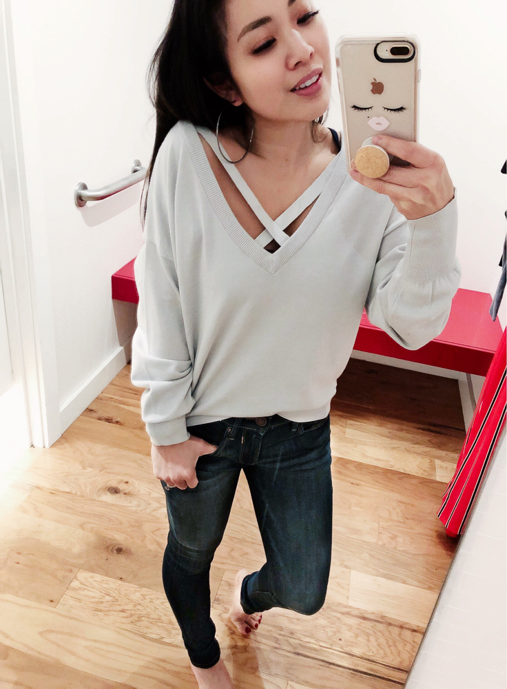 cute & little | dallas petite fashion blog | express strappy double v sweater | casual winter outfit try-on - Express Winter Sale Try-On featured by top Dallas fashion blog, Cute & Little