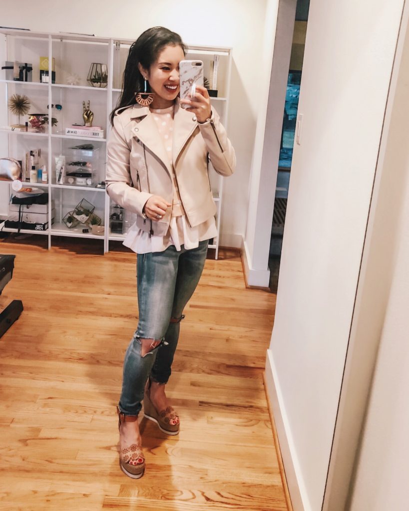 Shopbop Sale featured by top US petite fashion blog cute & little; Image of a woman wearing cupcakes cashmere belladonna white faux leather moto jacket, english factory pink polka dot stripe peplum top, blanknyc jeans, see by chloe glyn espadrille wedges